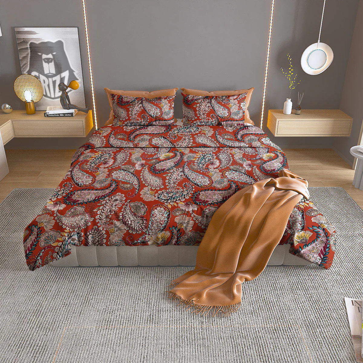 Bohemian Floral Orange Print Pattern Duvet Cover Bedding Set