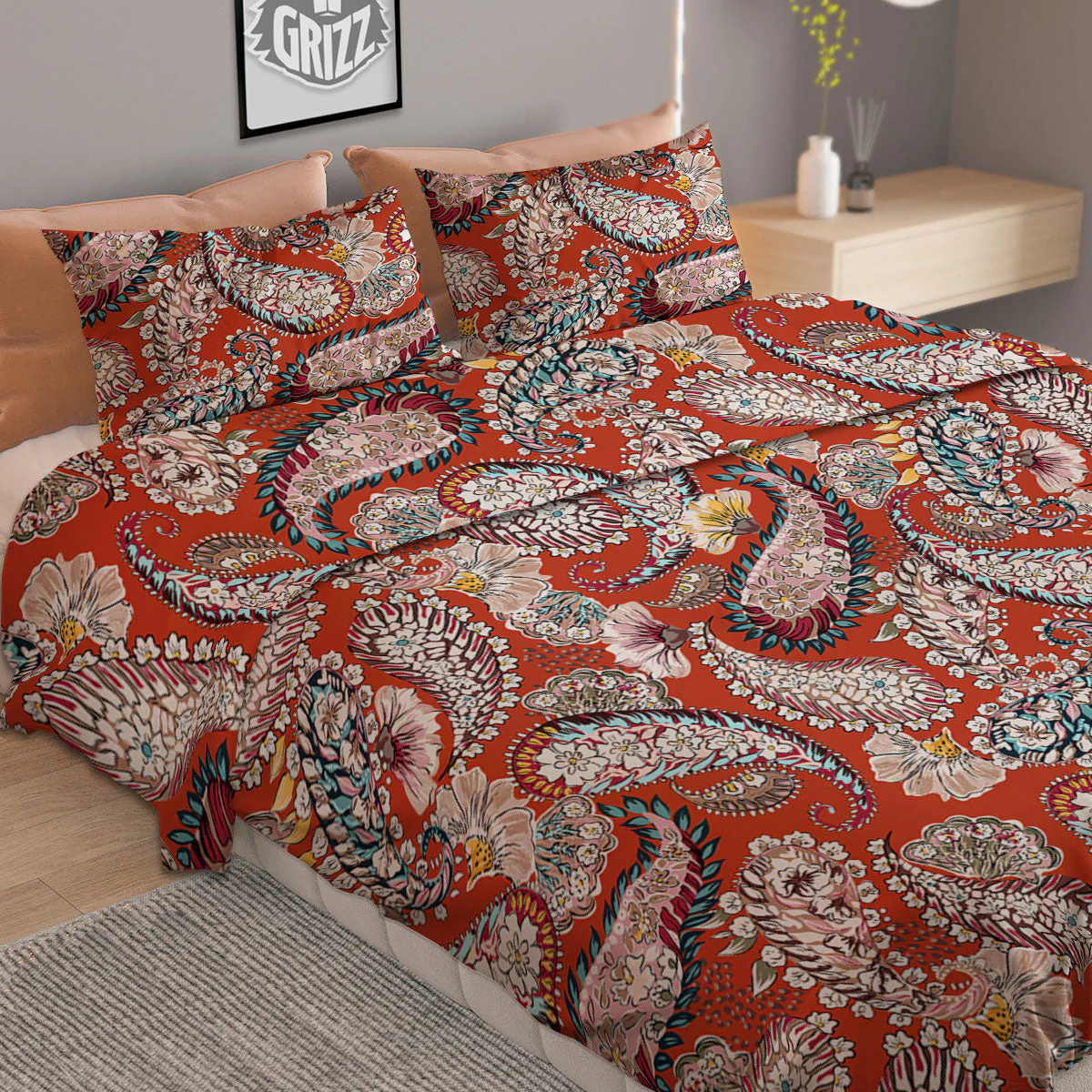 Bohemian Floral Orange Print Pattern Duvet Cover Bedding Set - Image 2
