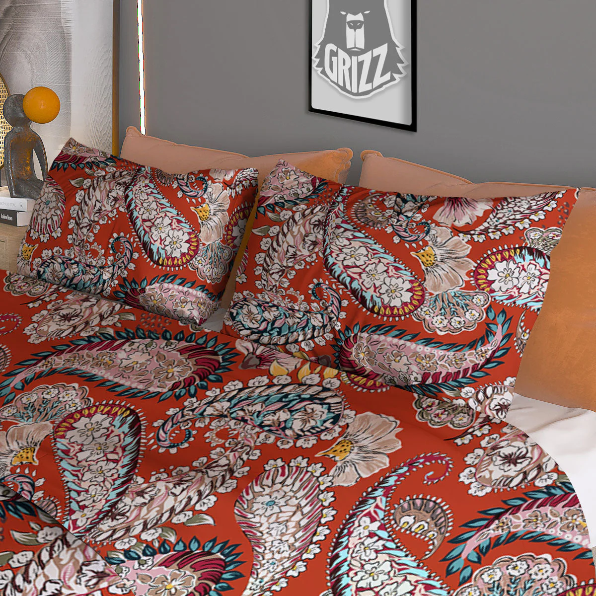 Bohemian Floral Orange Print Pattern Duvet Cover Bedding Set - Image 3