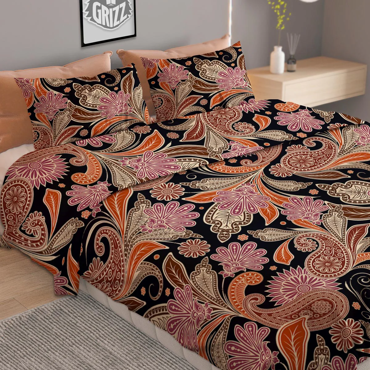 Bohemian Tangerine Floral Print Pattern Duvet Cover Bedding Set - Image 2