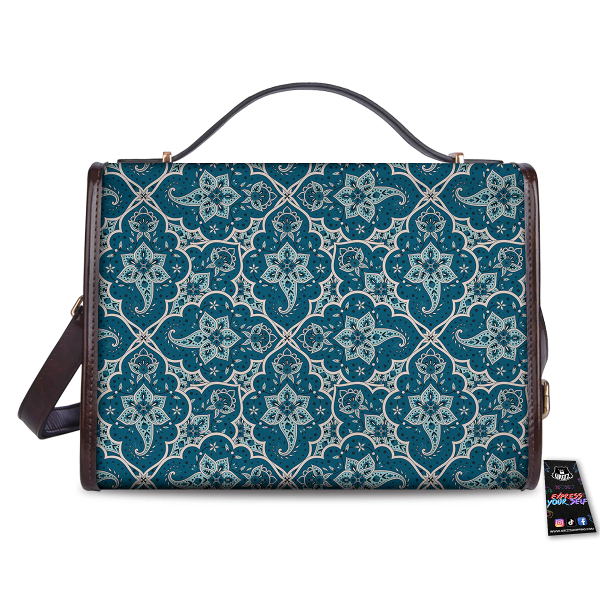 Bohemian Turquoise Floral Print Pattern Women's Satchel Bag - Image 2