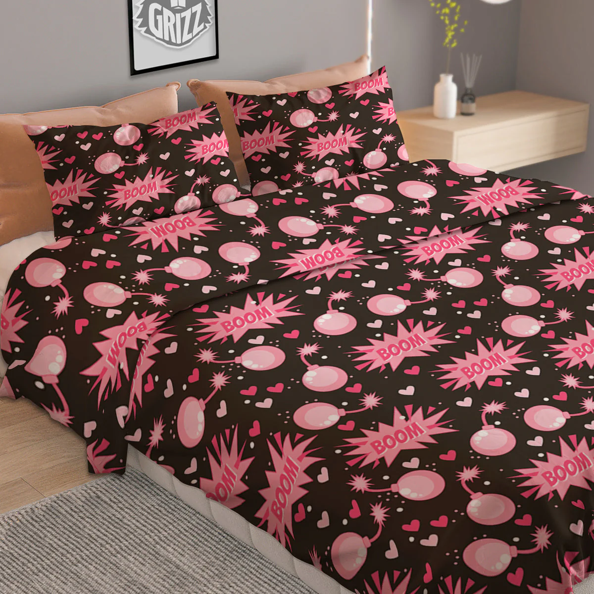 Bomb Boom Pink And Heart Print Pattern Duvet Cover Bedding Set - Image 2