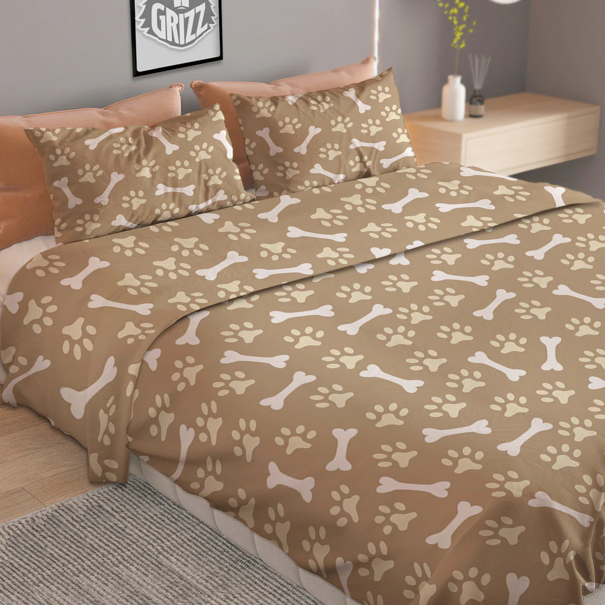 Bone And Beige Paw Print Pattern Duvet Cover Bedding Set - Image 2