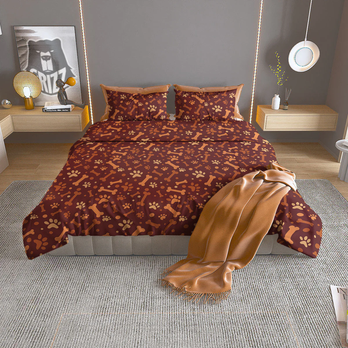 Bone And Brown Paw Print Pattern Duvet Cover Bedding Set