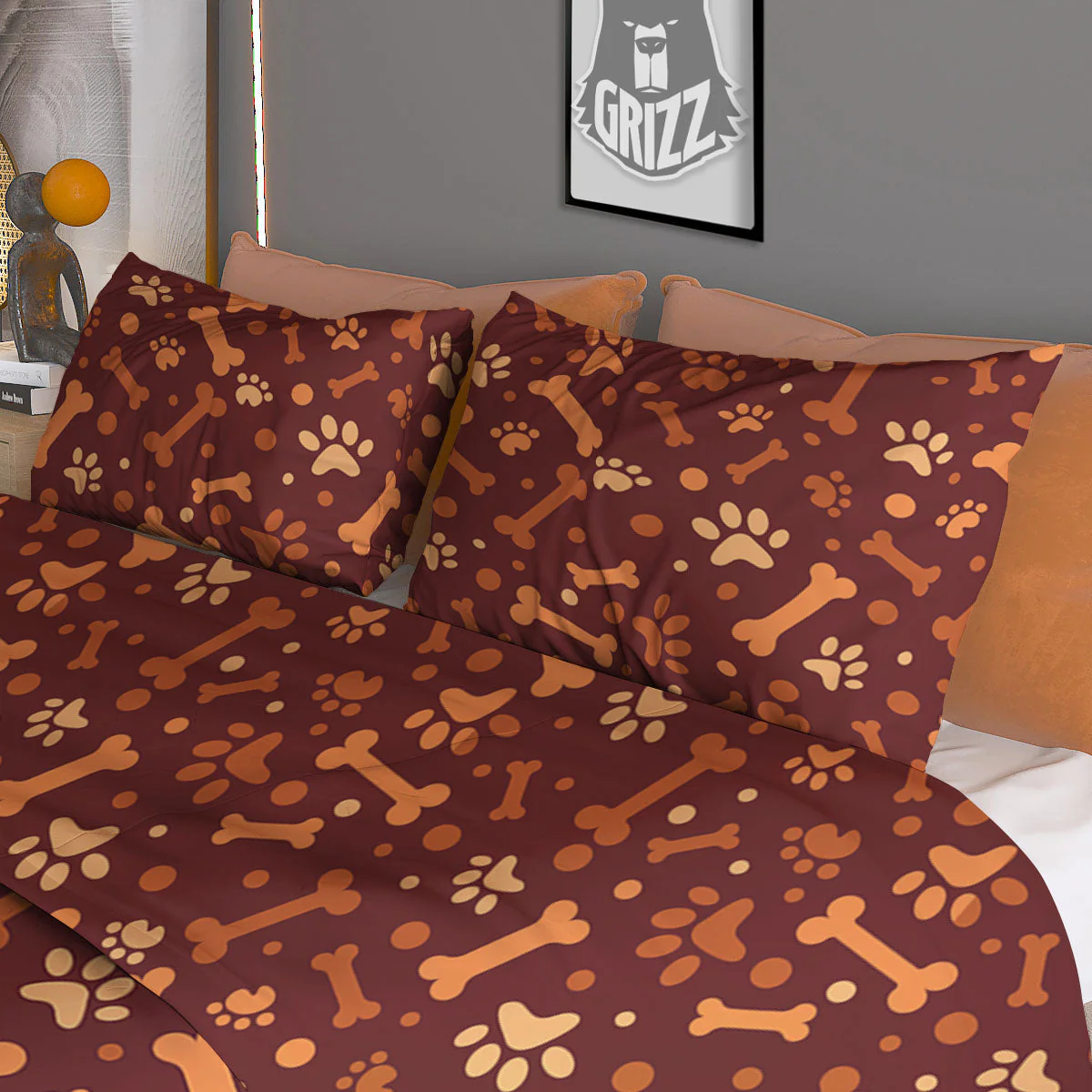Bone And Brown Paw Print Pattern Duvet Cover Bedding Set - Image 3