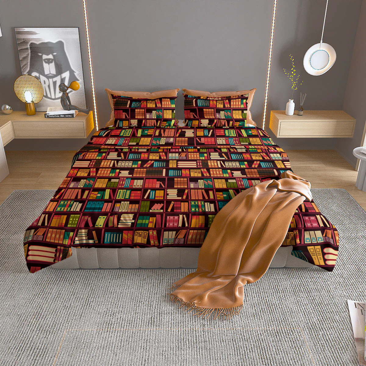 Bookshelf Vintage Print Pattern Duvet Cover Bedding Set