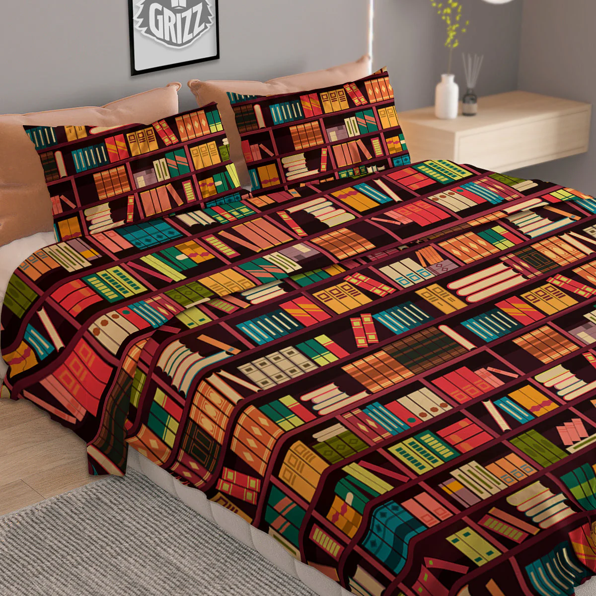 Bookshelf Vintage Print Pattern Duvet Cover Bedding Set - Image 2