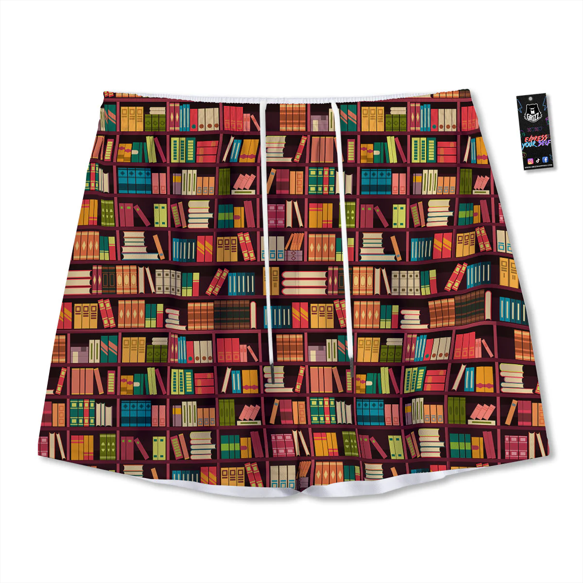 Bookshelf Vintage Print Pattern Mesh Shorts