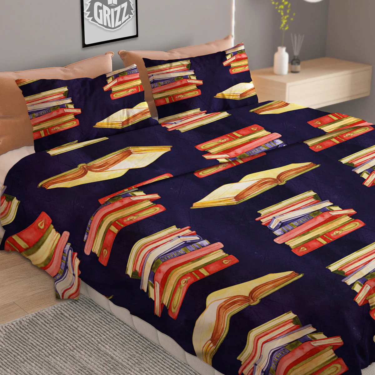 Bookshelf Watercolor Print Pattern Duvet Cover Bedding Set - Image 2