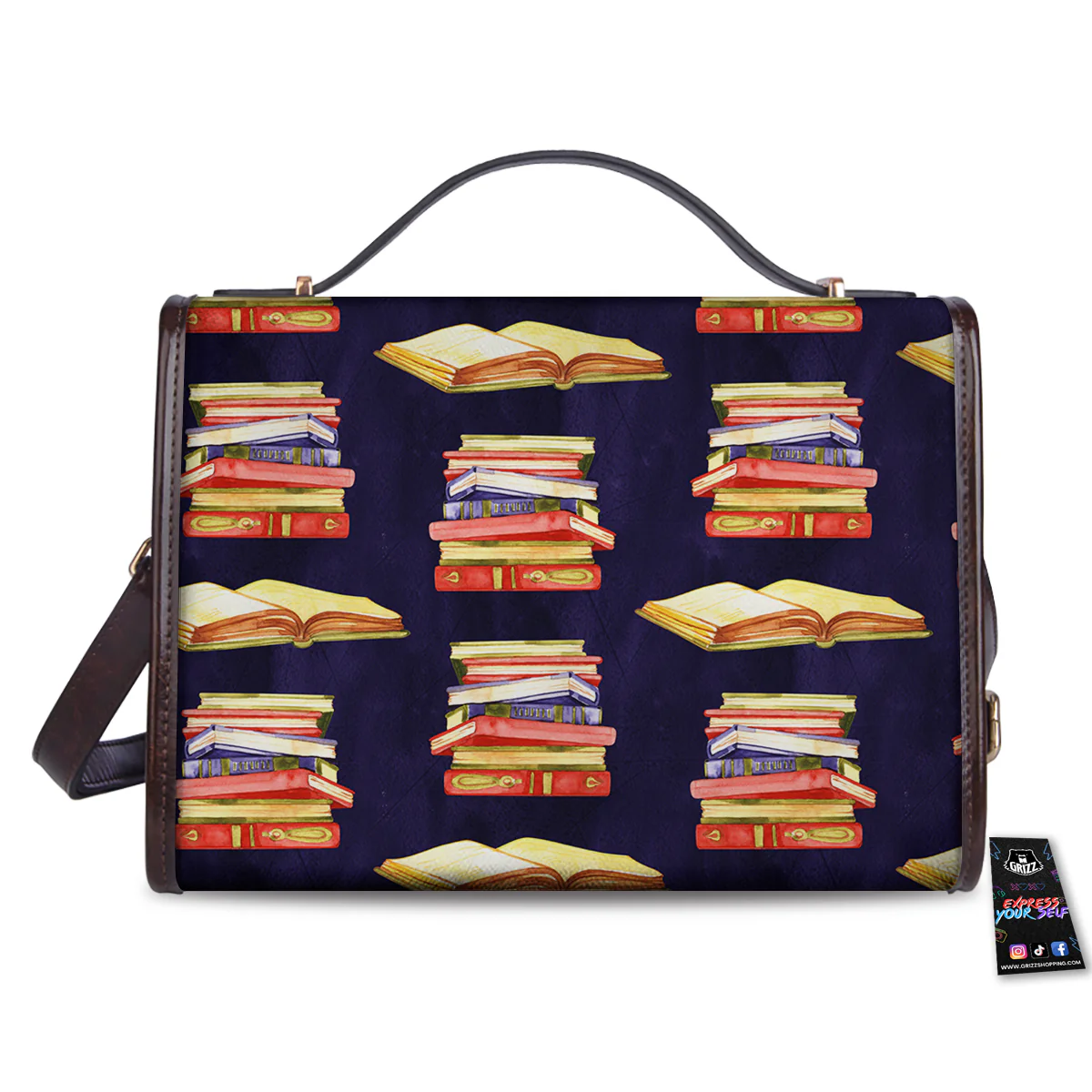 Bookshelf Watercolor Print Pattern Women's Satchel Bag - Image 2