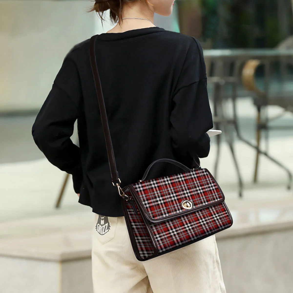 Border Tartan Red Black And White Print Pattern Women's Satchel Bag - Image 3