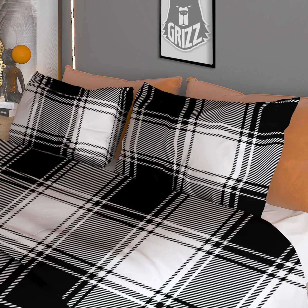 Border Tartan White And Black Print Pattern Duvet Cover Bedding Set - Image 3