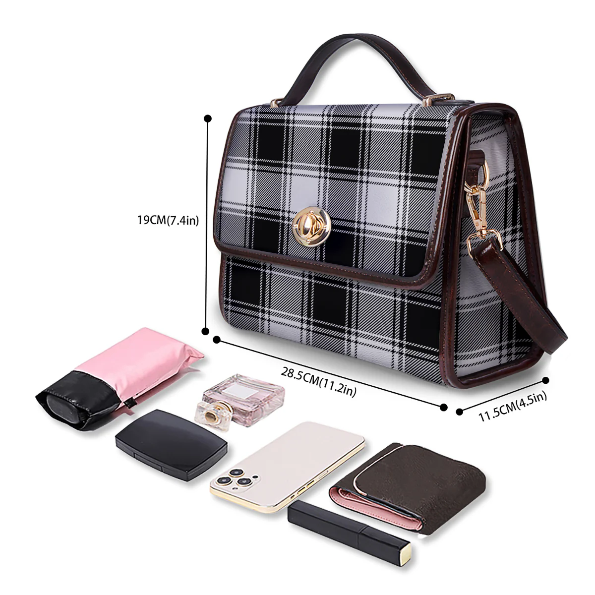 Border Tartan White And Black Print Pattern Women's Satchel Bag - Image 4