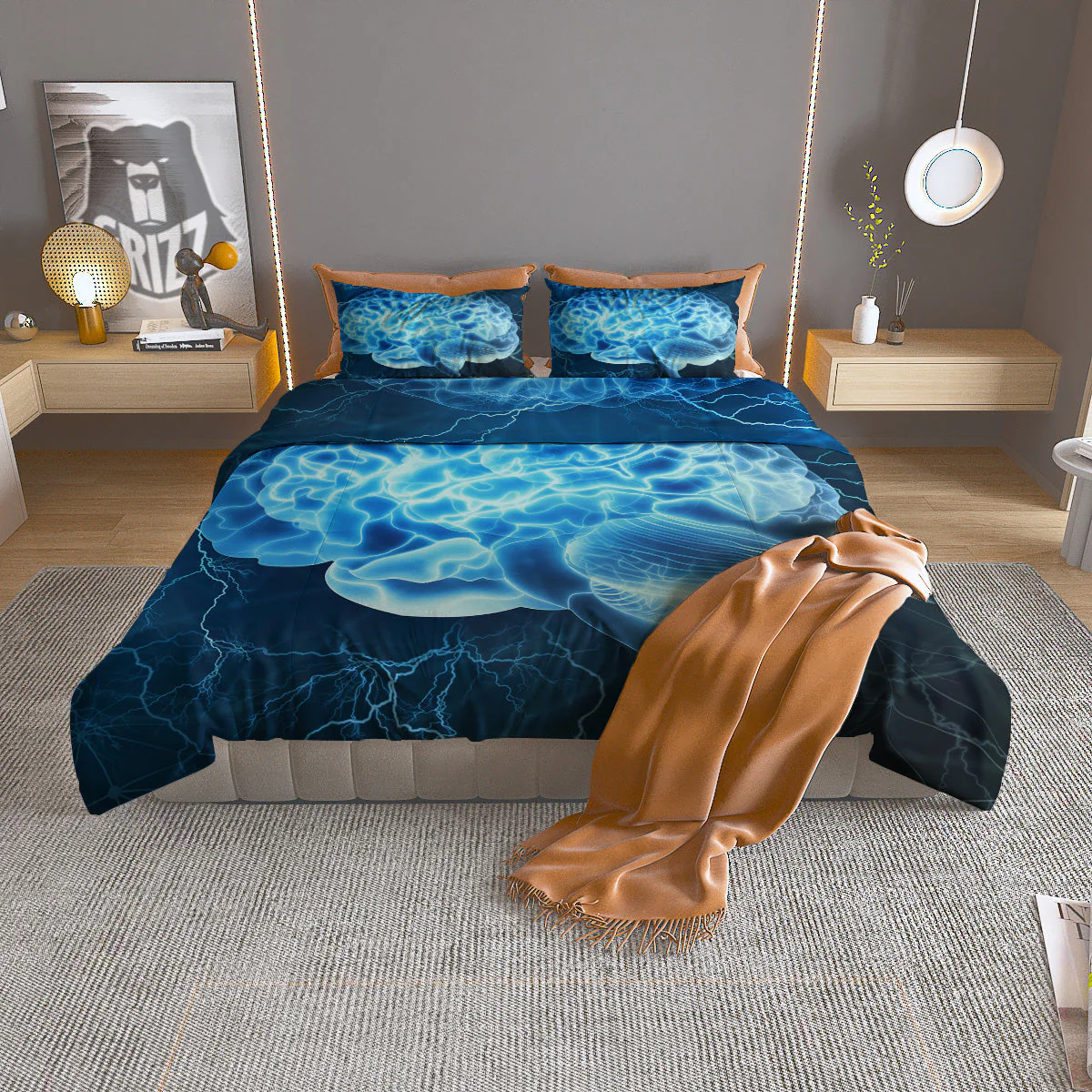 Brain Activity Blue Electrical Print Duvet Cover Bedding Set