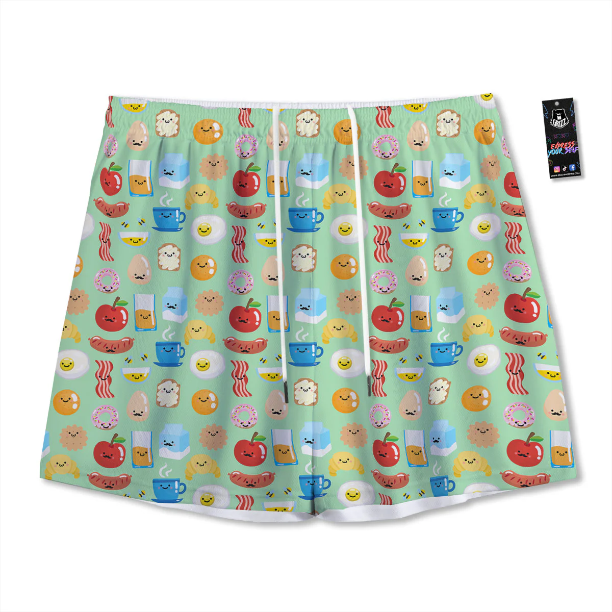 Breakfast Cartoon Print Pattern Mesh Shorts