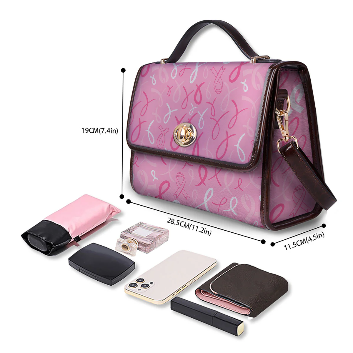 Breast Cancer Ribbon Pink Print Pattern Women's Satchel Bag - Image 4