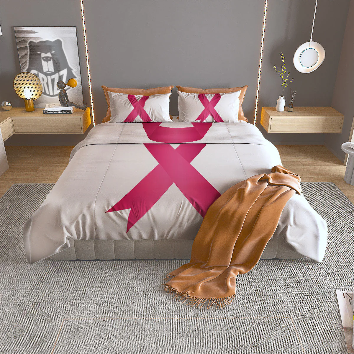 Breast Cancer White And Pink Print Duvet Cover Bedding Set