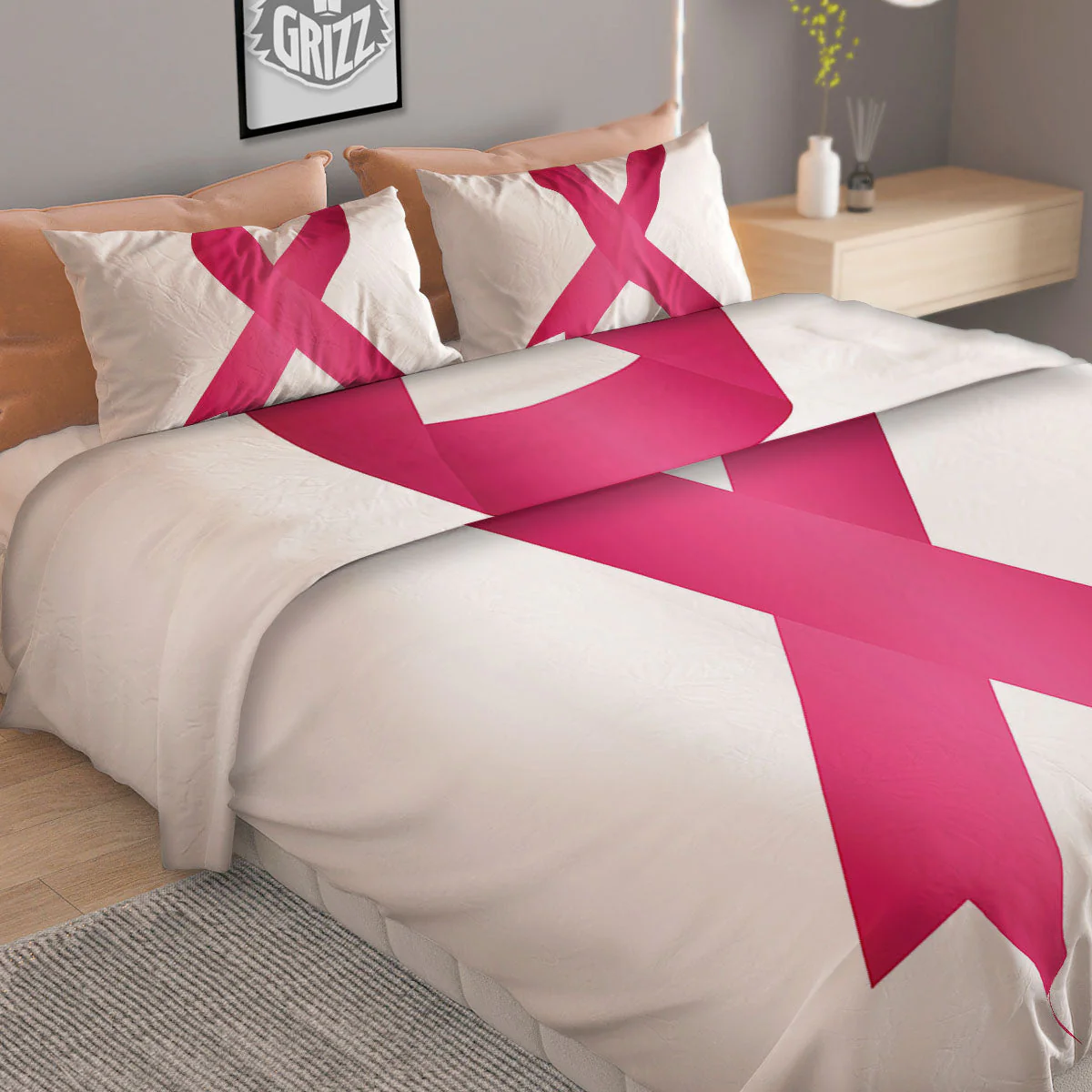 Breast Cancer White And Pink Print Duvet Cover Bedding Set - Image 2