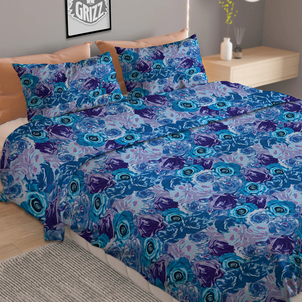 Bright Blue Rose Print Duvet Cover Bedding Set - Image 2