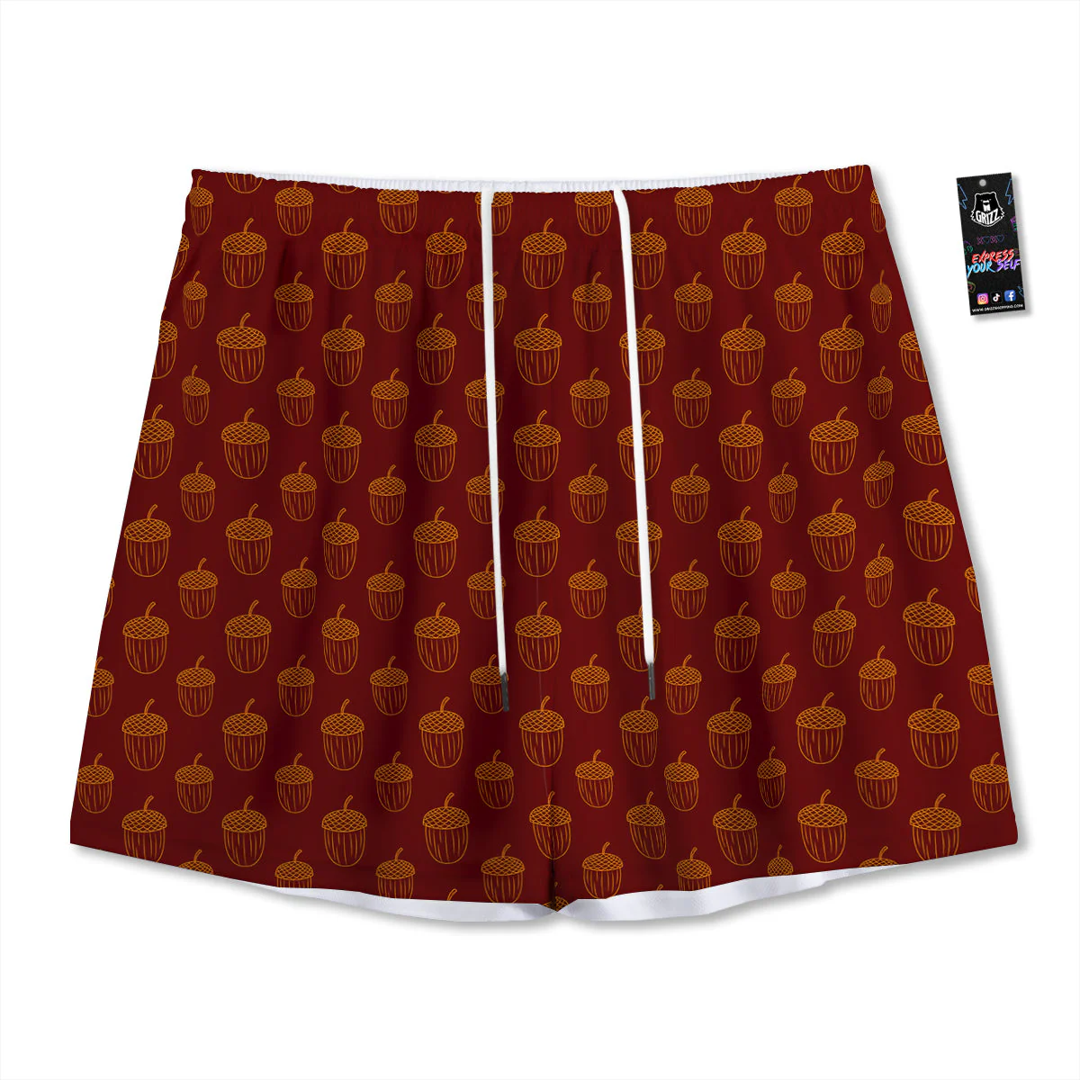 Brown Acorn Print Pattern Mesh Shorts