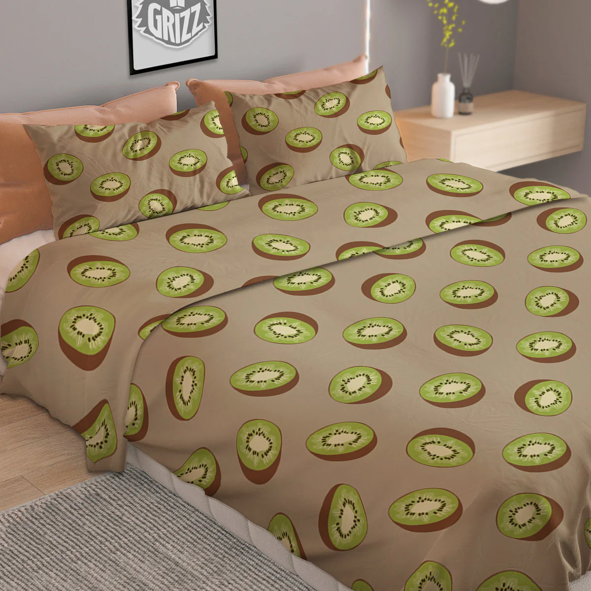 Brown And Kiwi Print Pattern Duvet Cover Bedding Set - Image 2