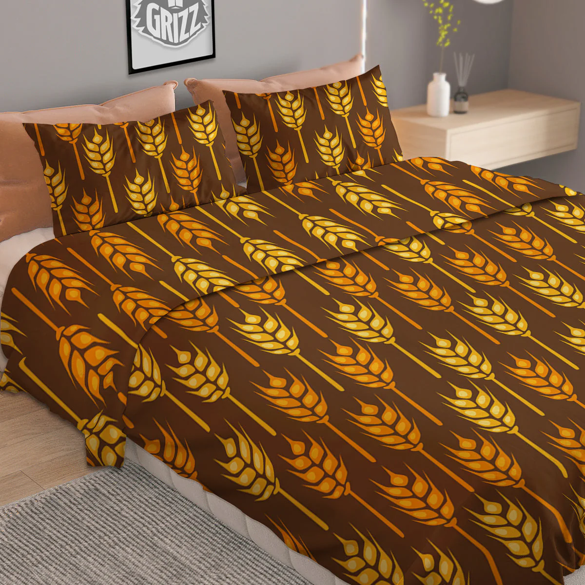 Brown And Yellow Wheat Print Pattern Duvet Cover Bedding Set - Image 2