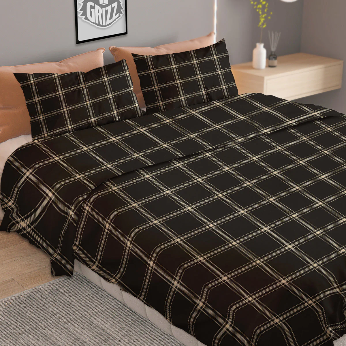 Brown Dark Check Print Pattern Duvet Cover Bedding Set - Image 2