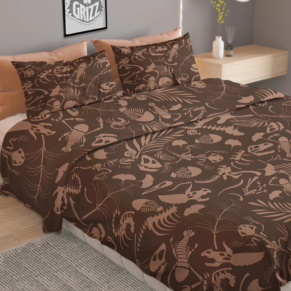Brown Fossil Print Pattern Duvet Cover Bedding Set - Image 2