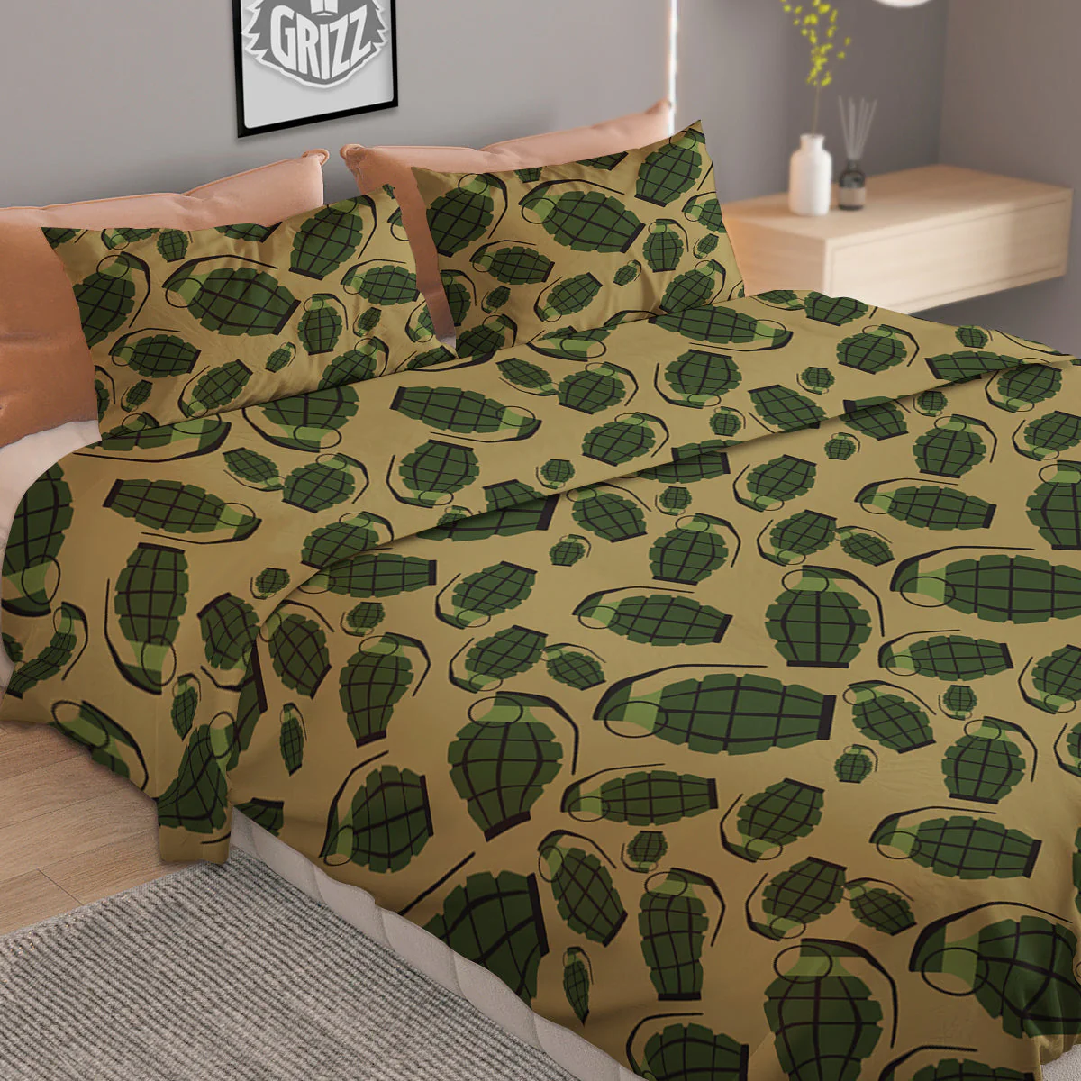 Brown Grenade Print Pattern Duvet Cover Bedding Set - Image 2