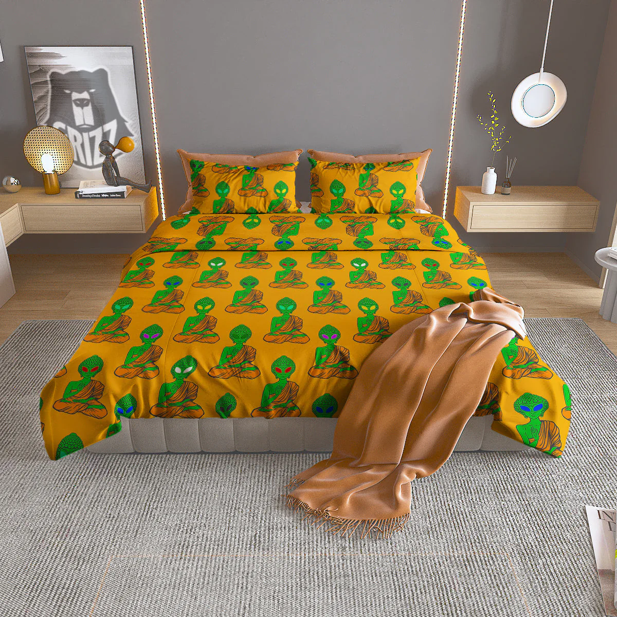 Buddha Alien Psychedelic Print Pattern Duvet Cover Bedding Set