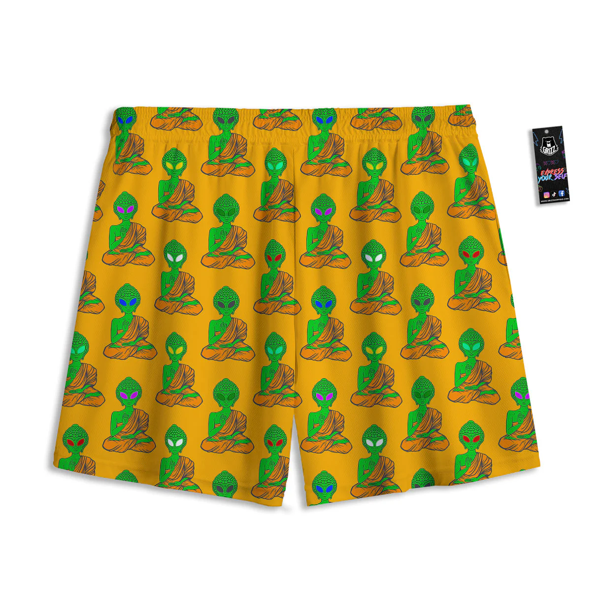 Buddha Alien Psychedelic Print Pattern Mesh Shorts - Image 2