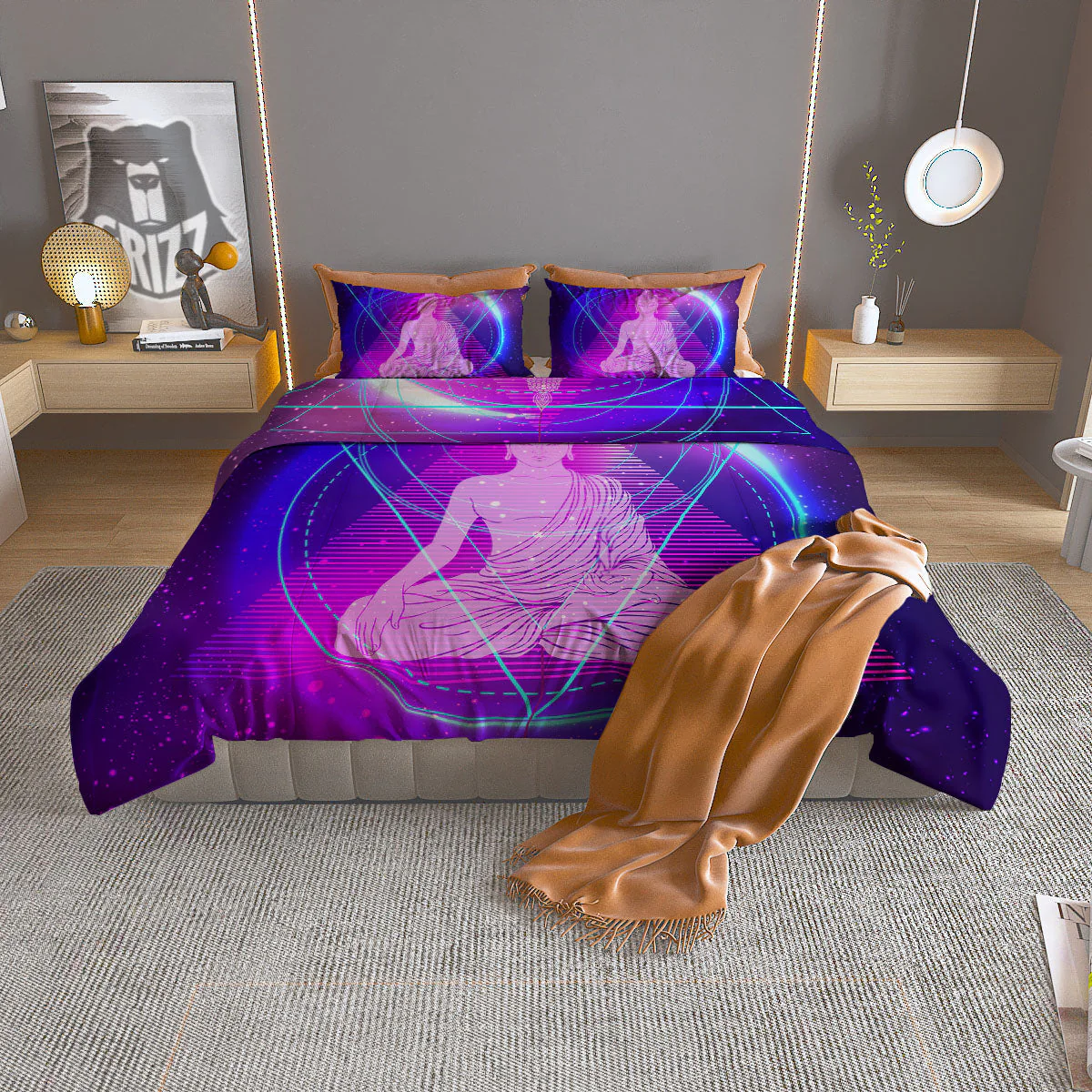 Buddha Teal And Purple Print Duvet Cover Bedding Set
