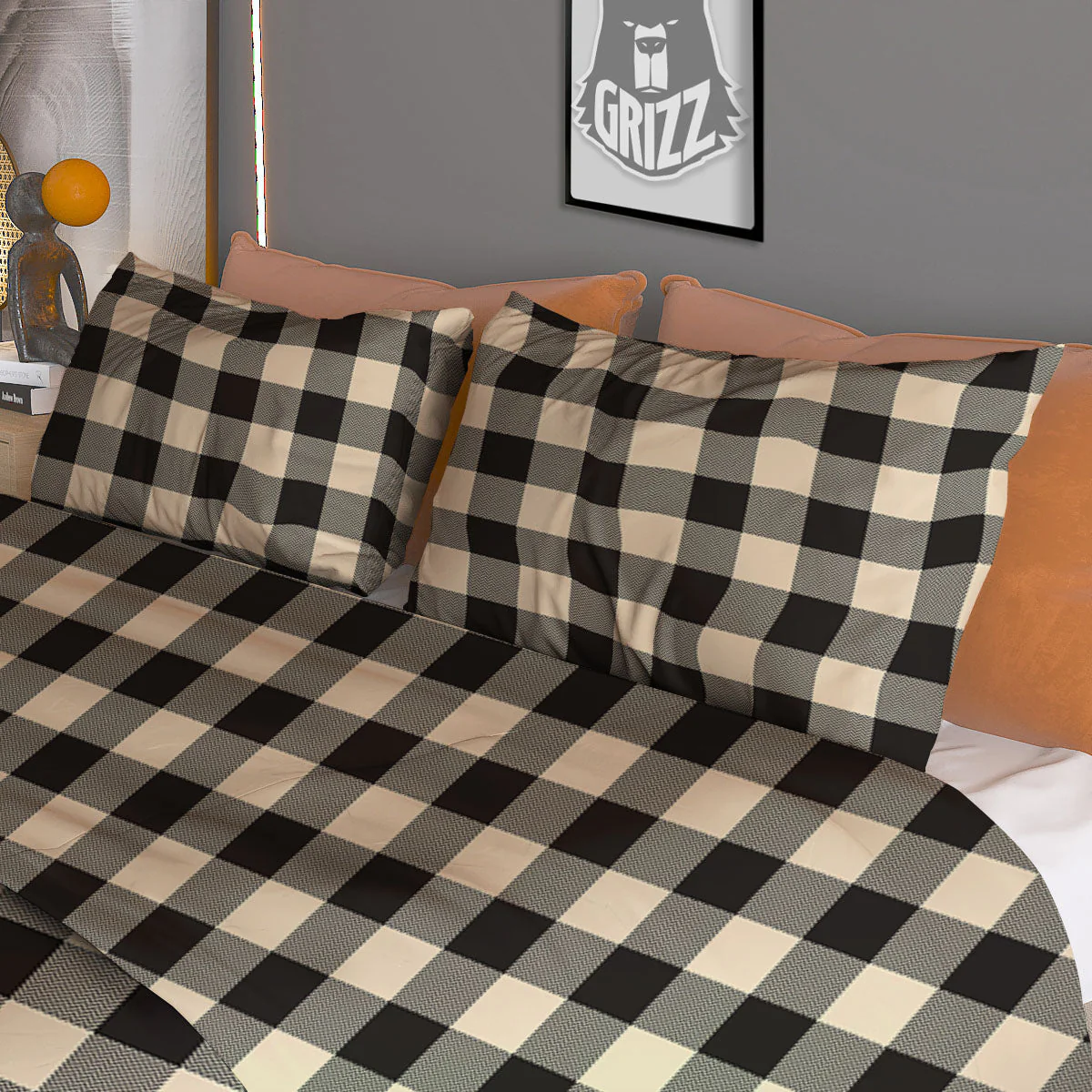 Buffalo Check Black And Beige Print Duvet Cover Bedding Set - Image 3