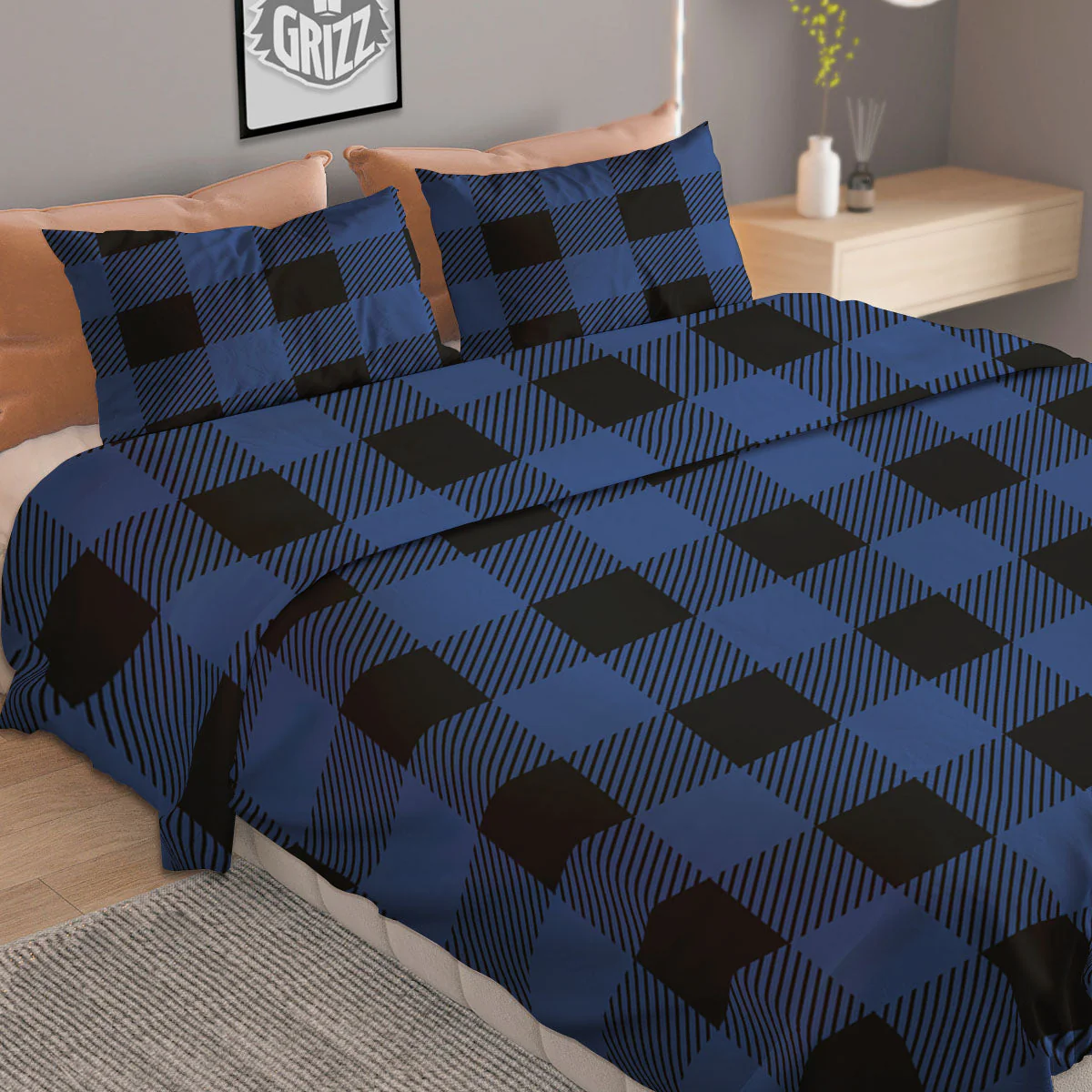 Buffalo Check Black And Blue Print Duvet Cover Bedding Set - Image 2