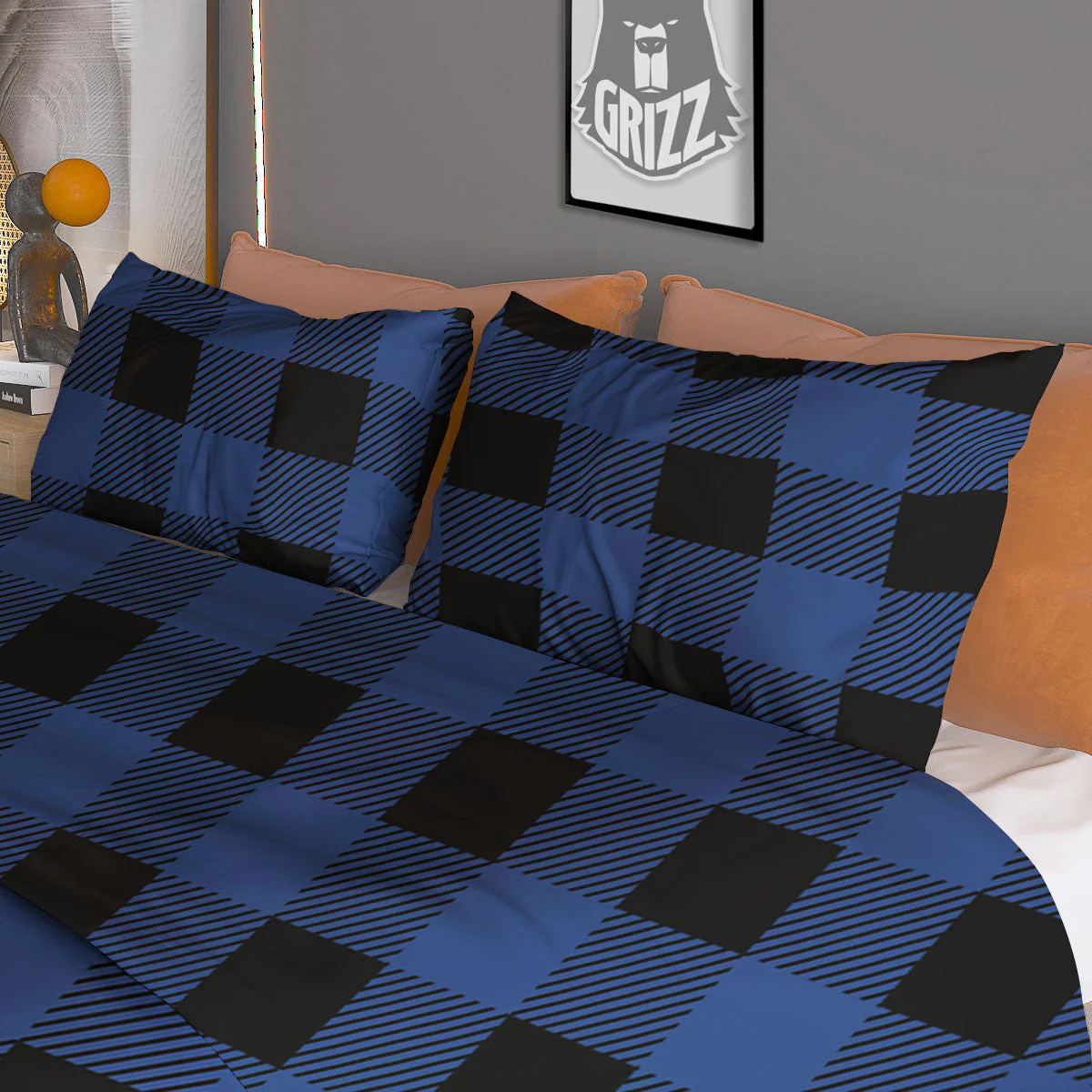 Buffalo Check Black And Blue Print Duvet Cover Bedding Set - Image 3