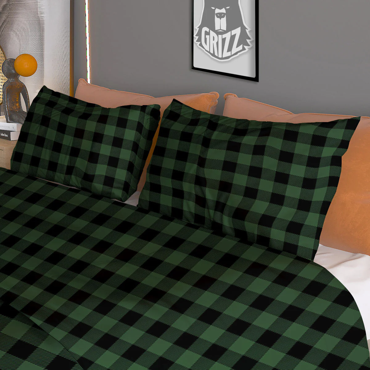 Buffalo Check Black And Green Print Duvet Cover Bedding Set - Image 3