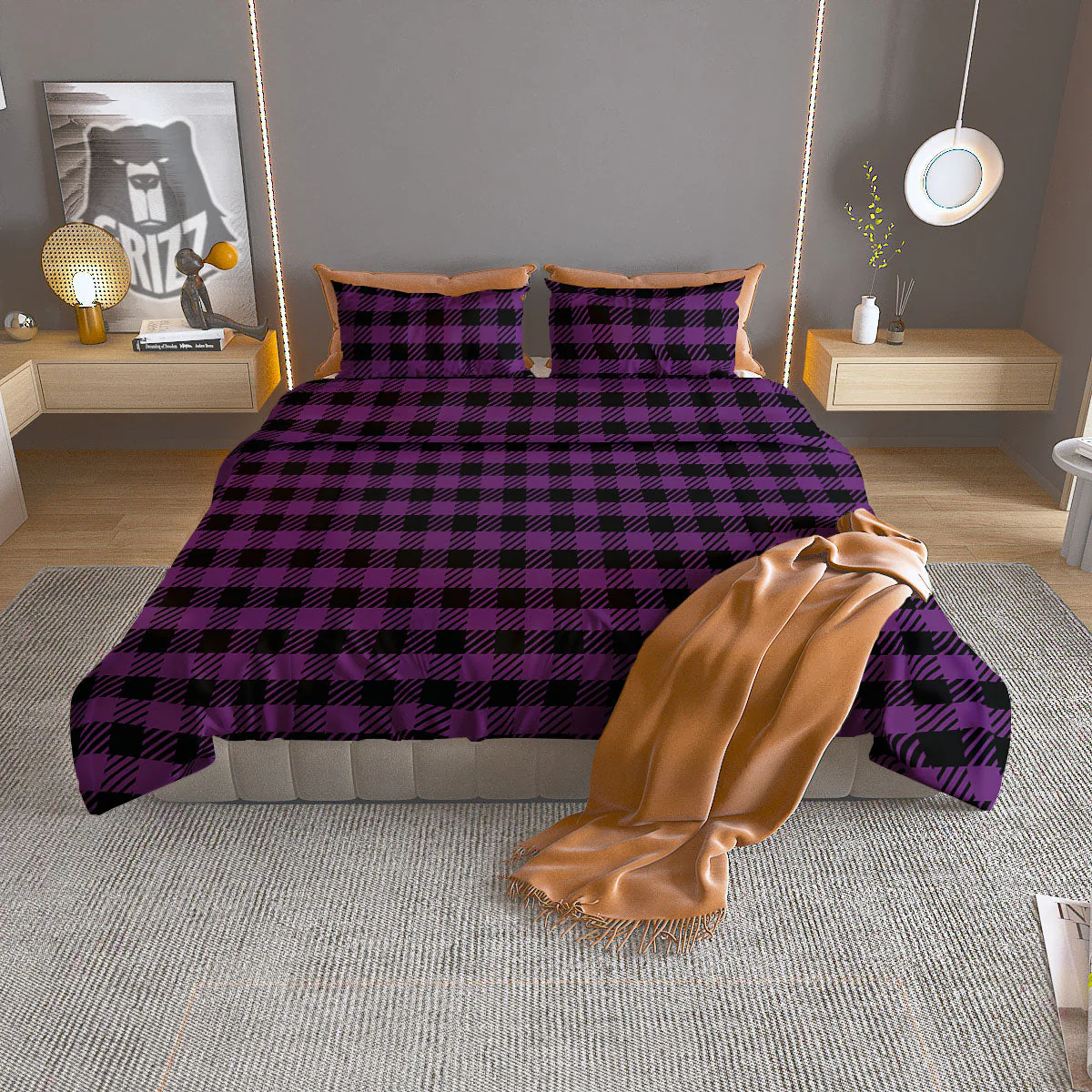 Buffalo Check Black And Purple Print Duvet Cover Bedding Set
