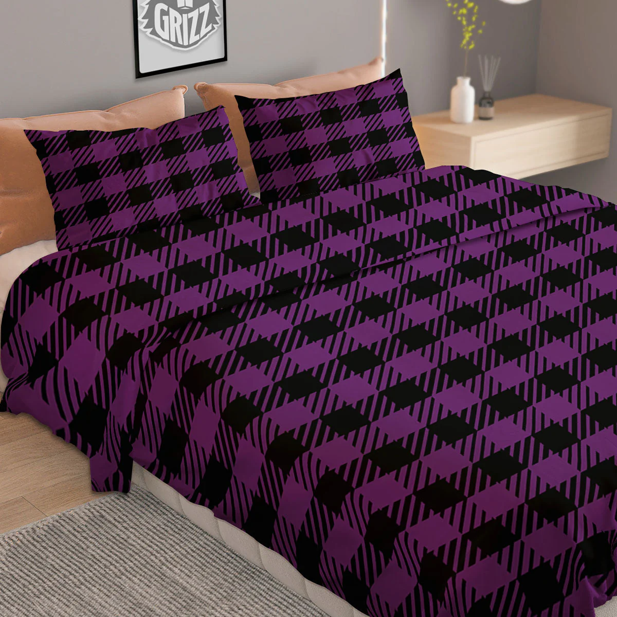 Buffalo Check Black And Purple Print Duvet Cover Bedding Set - Image 2