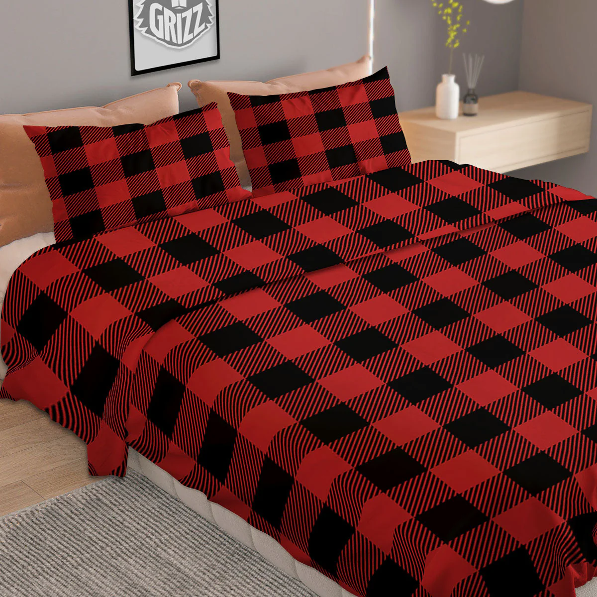 Buffalo Check Black And Red Print Duvet Cover Bedding Set - Image 2