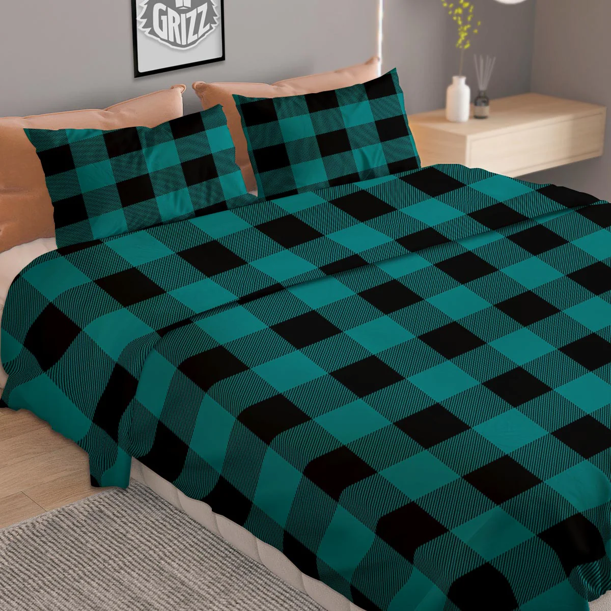 Buffalo Check Black And Teal Print Pattern Duvet Cover Bedding Set - Image 2