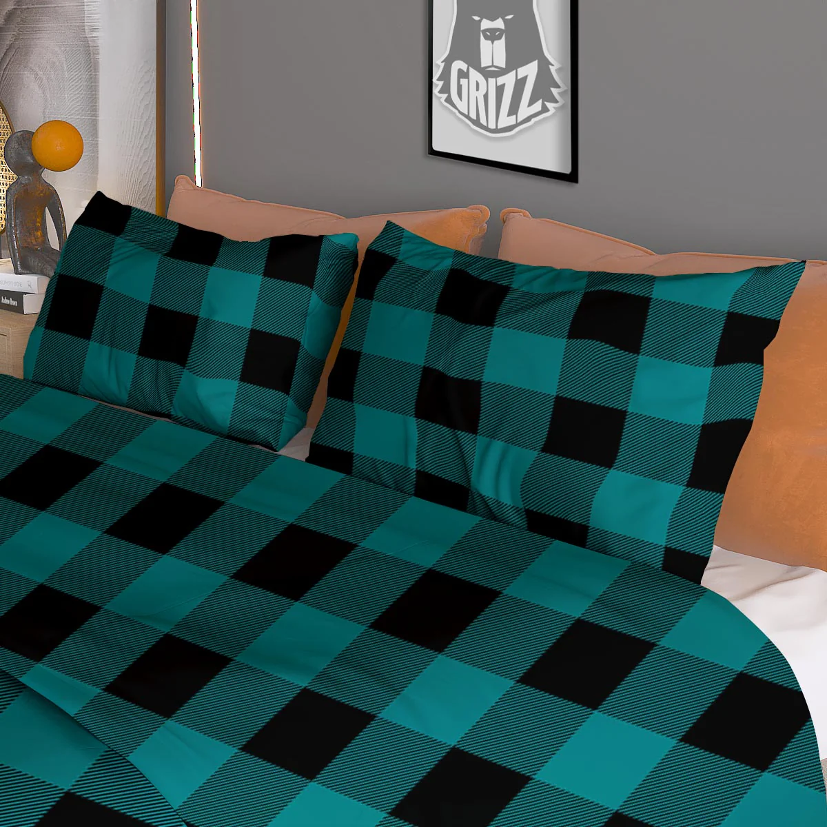 Buffalo Check Black And Teal Print Pattern Duvet Cover Bedding Set - Image 3