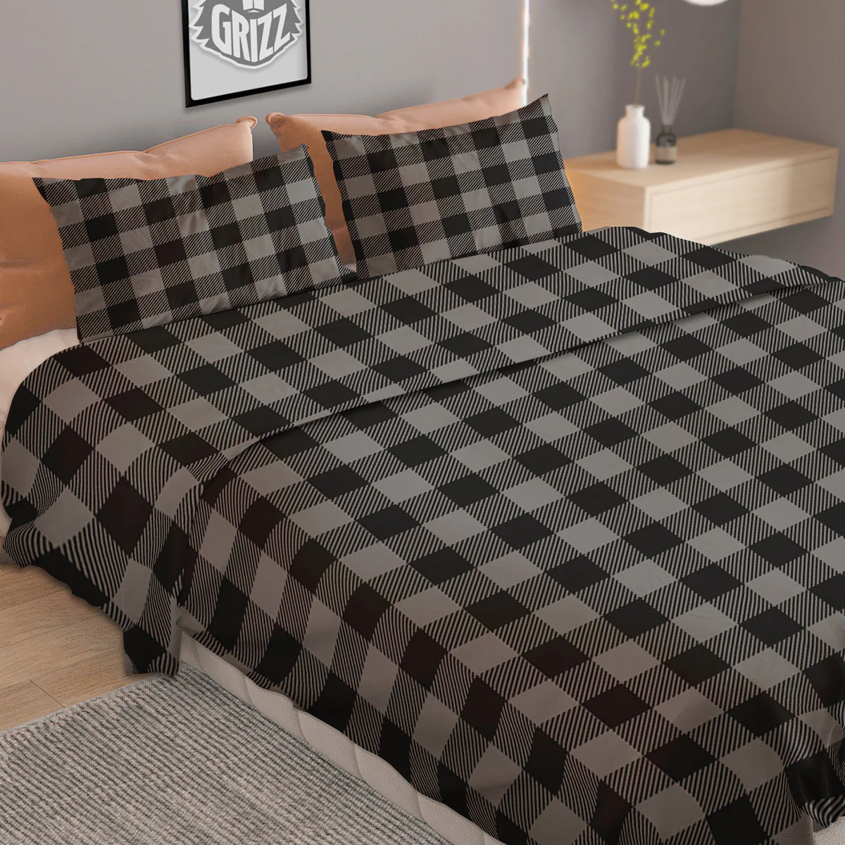 Buffalo Check Dark Grey And Black Print Duvet Cover Bedding Set - Image 2
