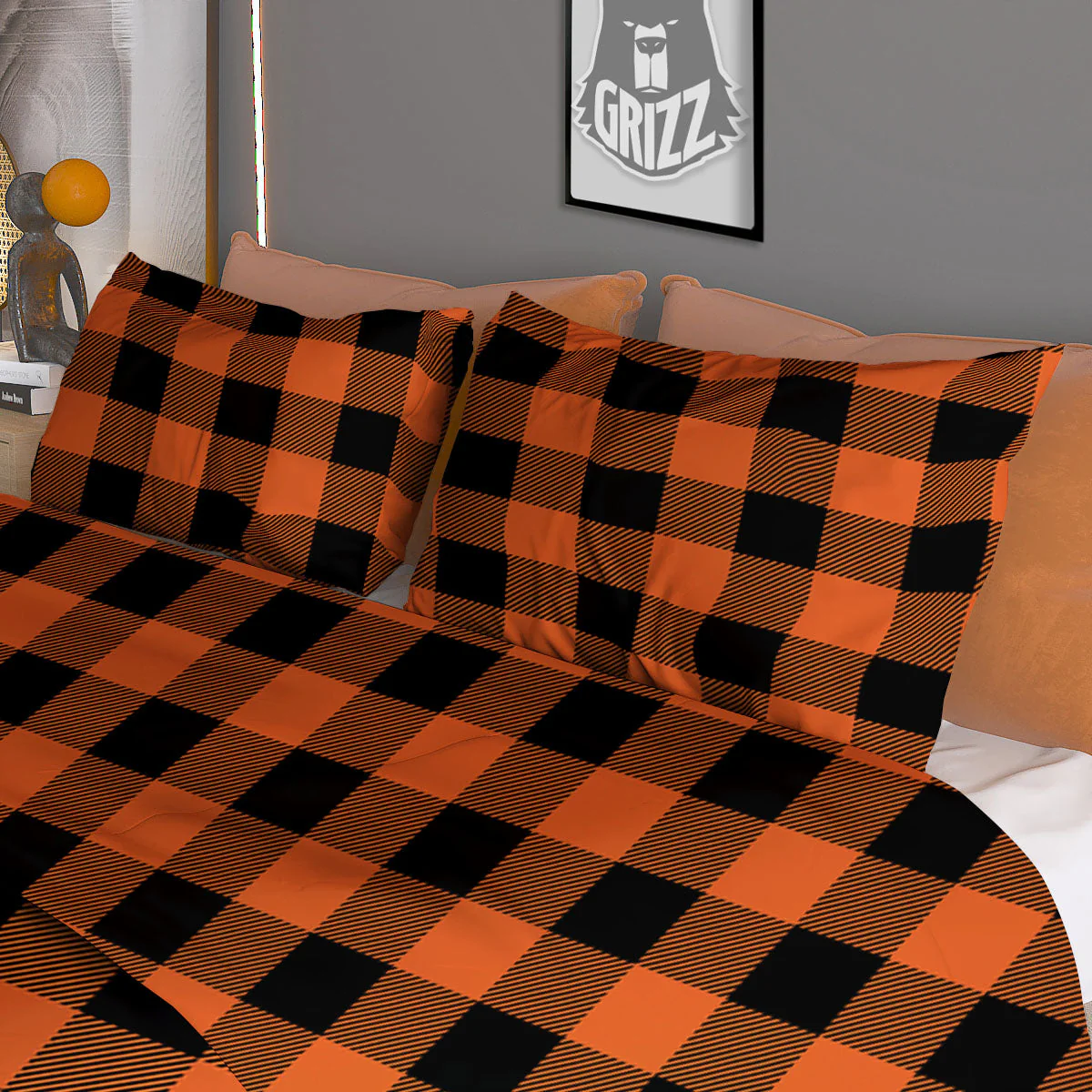 Buffalo Check Orange Print Pattern Duvet Cover Bedding Set - Image 3