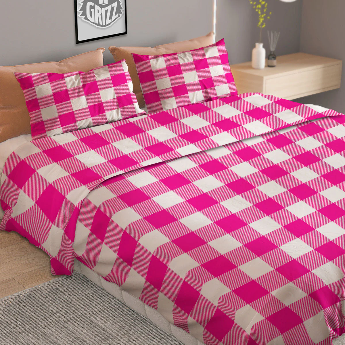 Buffalo Check Pink And White Print Duvet Cover Bedding Set - Image 2