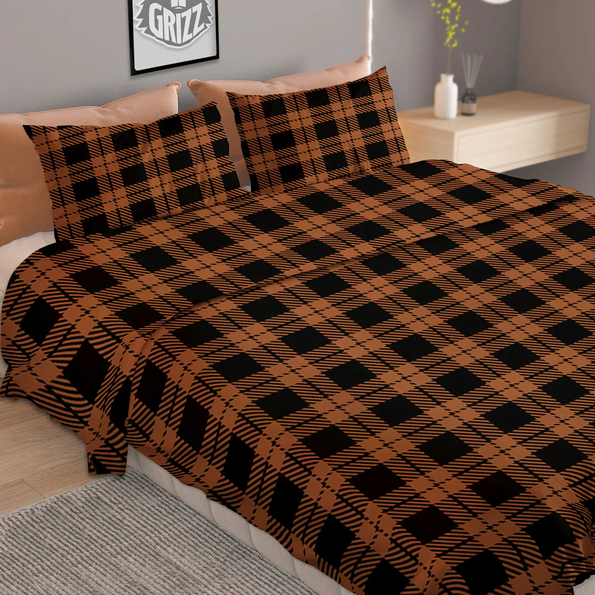 Buffalo Check Pumpkin Orange Print Duvet Cover Bedding Set - Image 2