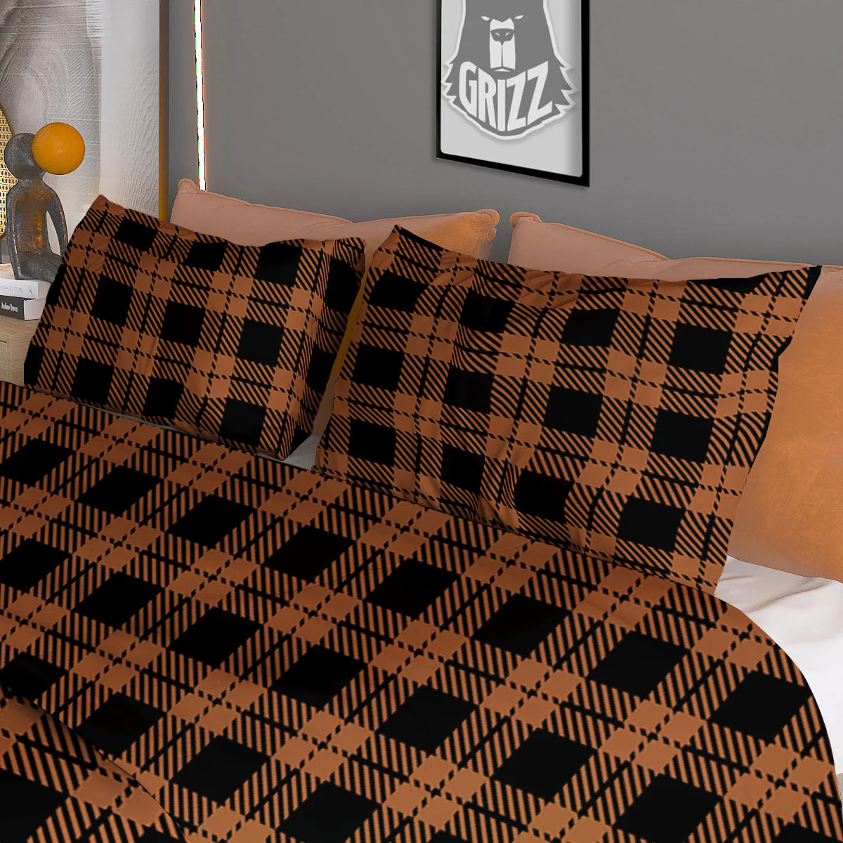 Buffalo Check Pumpkin Orange Print Duvet Cover Bedding Set - Image 3