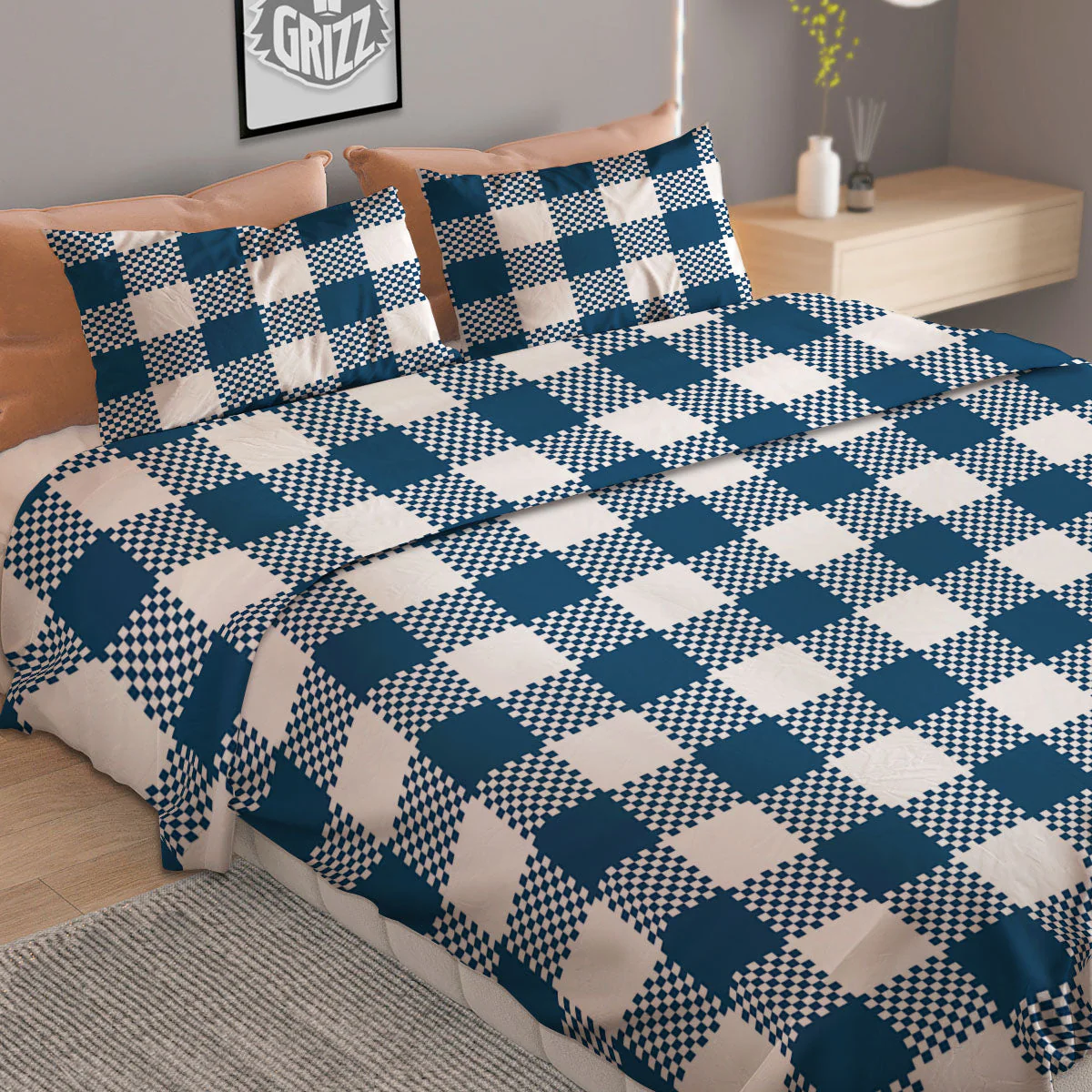 Buffalo Check White And Blue Print Duvet Cover Bedding Set - Image 2