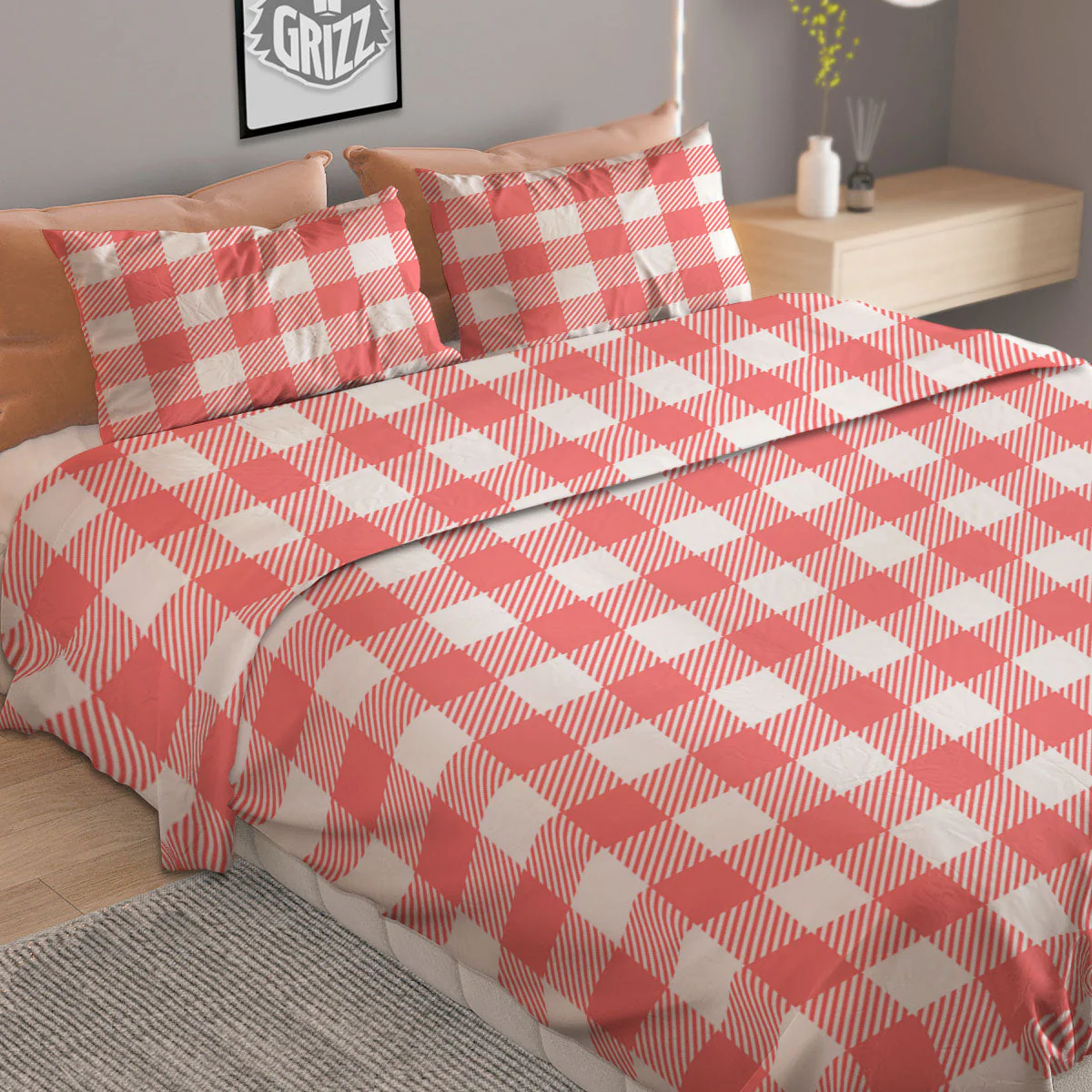 Buffalo Check White And Pink Print Duvet Cover Bedding Set - Image 2