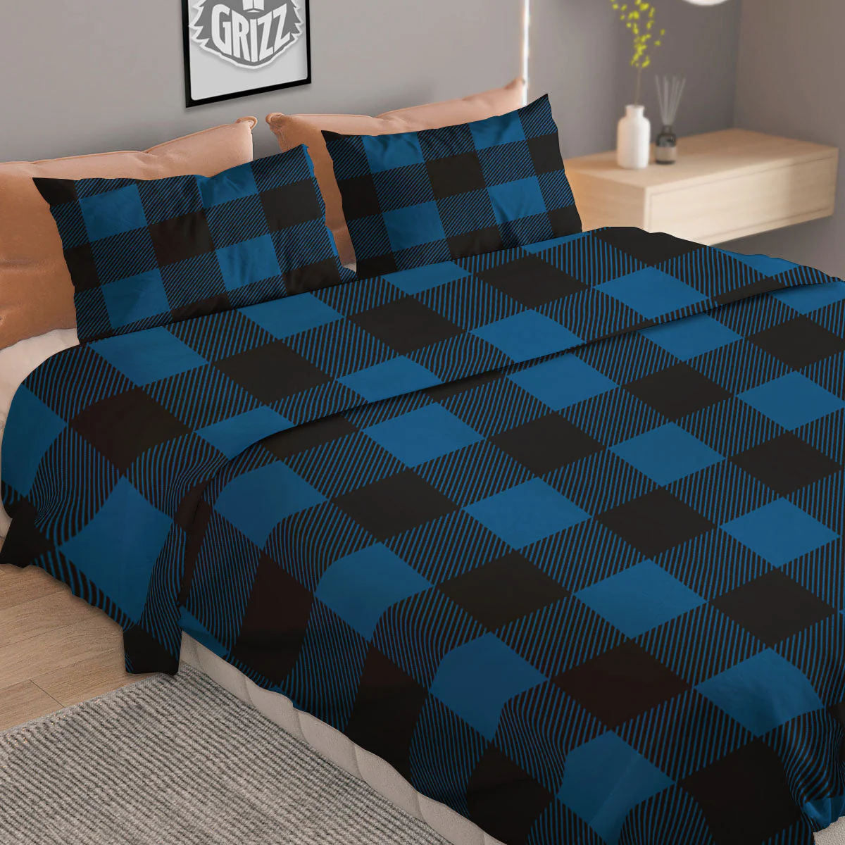 Buffalo Plaid Black And Blue Print Duvet Cover Bedding Set - Image 2