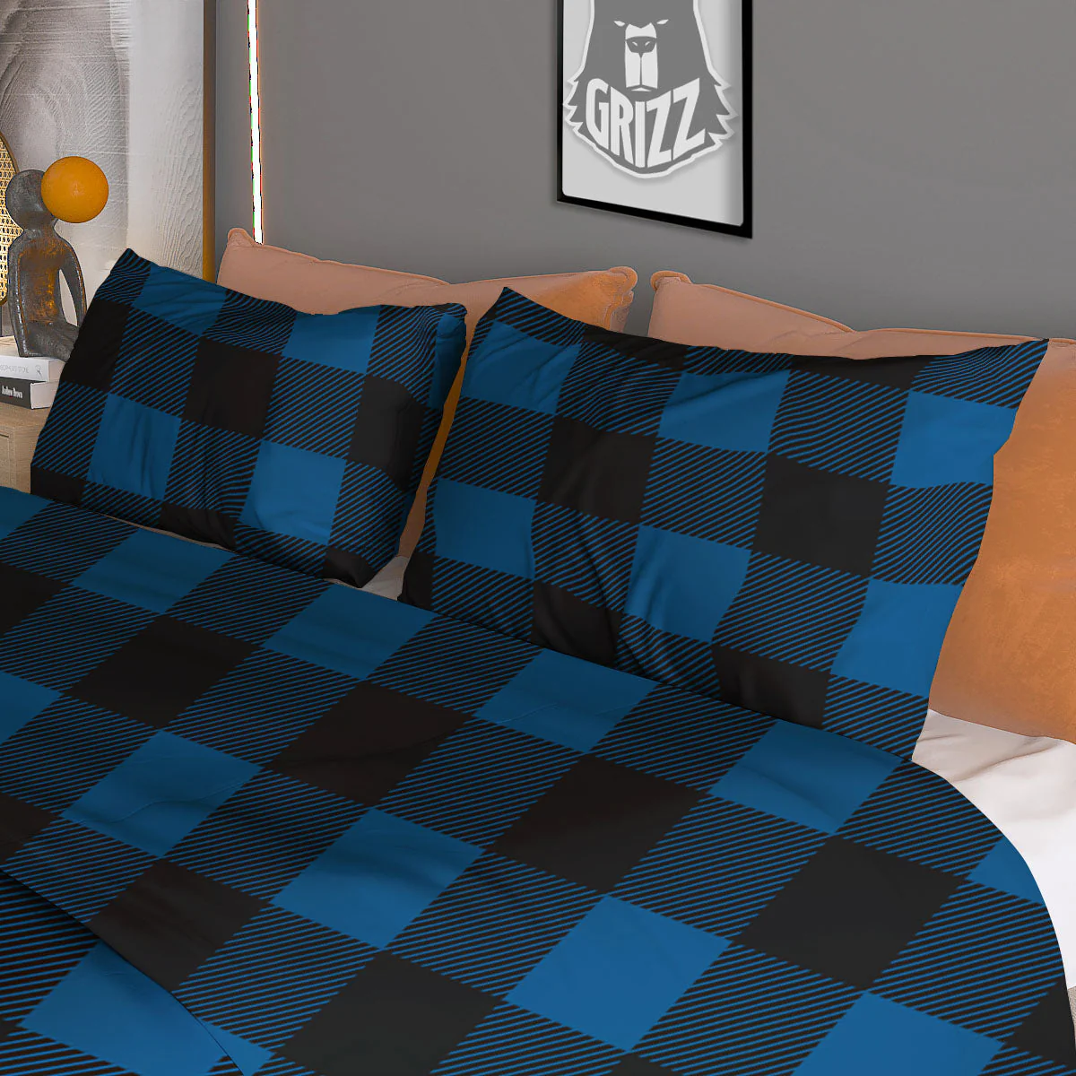 Buffalo Plaid Black And Blue Print Duvet Cover Bedding Set - Image 3